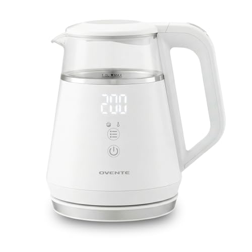 OVENTE 1L Small Electric Kettle with 5 Temperature Preset, Digital Display, 5Hr Keep Warm, Auto Shut-Off, Double-Wall Cool Touch Exterior, Borosilicate Glass,1500W BPA Free Water Boiler, White KD95W