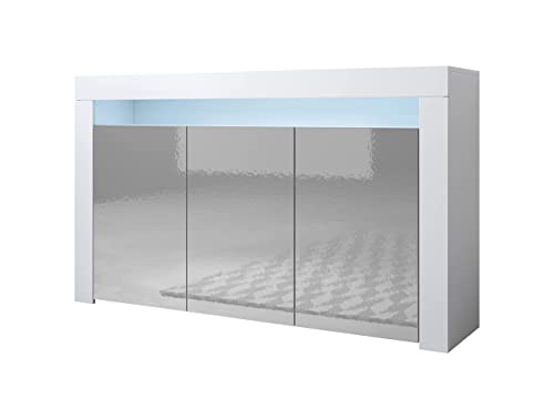 MB Muebles Bonitos | Modèle Aker | Buffet Bahut Meuble Salon Salle à Manger avec 3 Portes et LED | Dimensions Meuble: 155 x 91,5 x 37cm | Couleur Blanc et Gris Brillant