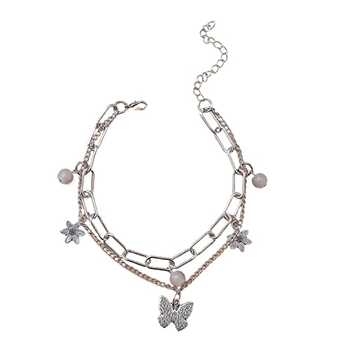 Tobilleras de mujer ajustables con cadena multicapa de mariposa y cristales