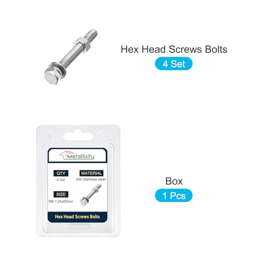 Image of METALLIXITY Hex Head Screws Bolts, Nuts, Flat & Lock Washers Kits (M8-1.25x65mm) 4 Set, Stainless Steel Fully Threaded Machine Screws Bolt Set - for Home Appliance Equipment