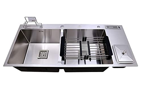 Image of HAPPY HOMES Stainless Steel 304 Grade Double Bowl Kitchen Sink (45 inchX20 inch Dustbin), Chrome, Silve