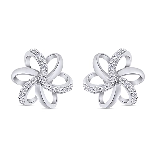 Natural Diamond Accent Spiral Flower Stud Earrings For Women (1/10 cttw, I-J Color, I2-I3 Clarity) Choose - Sterling Silver or 10K gold