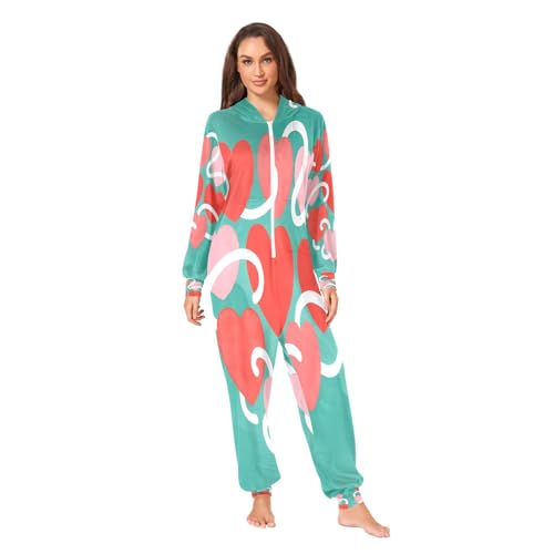 Nexawaveo Pijama enterizo de forro polar ultrasuave para adultos, diseño de corazón flotante, acogedor, con capucha, de cuerpo entero y bolsillo, Corazones con eslabones tiernos, XX-Large