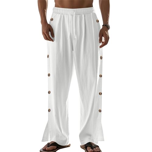 Men's Button Straight Yoga Pants Side Snap Tear Away Pants 2025 Casual Linen Drawstring Baggy Sweatpants with Pockets