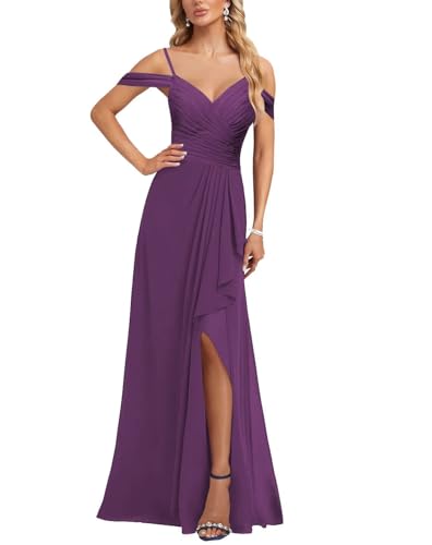 Rjer Off Shoulder Bridesmaid Dress for Women Chiffon Pleated Ruffle V Neck Formal Prom Dress with Slit