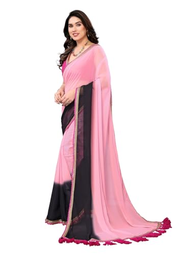 Image of RAJESHWAR FASHION WITH RF Women's Fancy Desian Ombre Georgette Saree For Women With Latkan Tassels Lace Border & Unstitched Blouse
