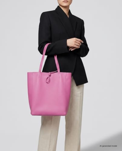 Image of Genuine Italian Leather Tote Bag for Women, Large Slouchy Purse, Pink | Unstructured bag, raw unlined interior with zip pocket, top zipper, side ties, folds flat, fits a 16-inch laptop, lightweight