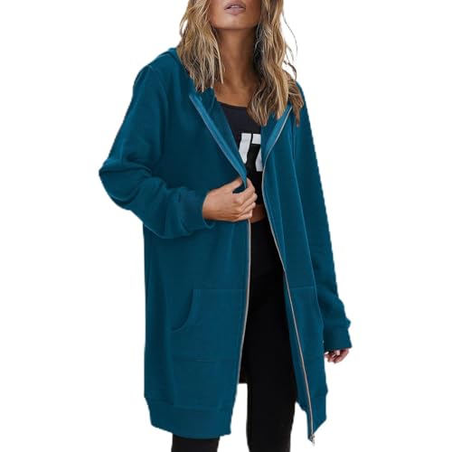 Long Sweatjacke Damen Mit Kapuze Lang Winter Pullover Herbst Oversize Kapuzenjacke Cardigan Elegant Hoodie Jacke Casual Longjacke Mantel mit ReißVerschluss Leichte Hoody Sweatshirt Kapuzensweatjacke