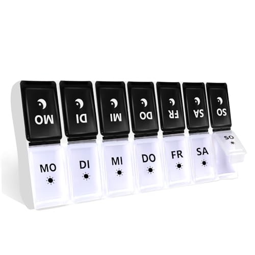 JANUIXCO Tablettenbox 7 Tage Morgens Abends - Pillendose 7 Tage 2 Fächer Abnehmbar, Frei von BPA - Medikamentenbox 14 Fächer Einfach zu Öffnen, für Unterwegs (Schwarz Weiß)