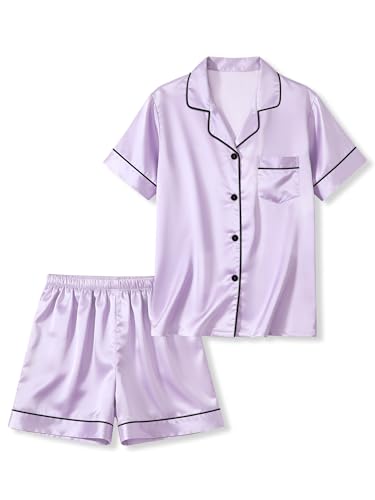 LANKMEI Girls & Boys Satin 2Pcs Short Sleeve Pajamas Set | Luxury Silky Breathable & Soft Button Top & Shorts Set Elastic Waist Ideal for sleepovers summertravel & daily comfort product thumbnail 13