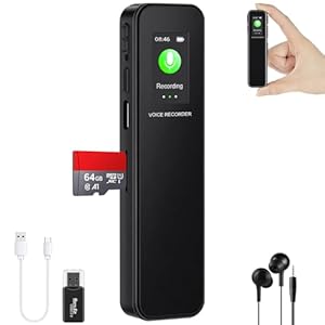 Ainiv 64GB Digitales Diktiergerät, Tragbares Aufnahmegerät mit HD-Audio, Wiedergabe mit DSP-Rauschunterdrückung und One-Touch-Aufnahme für Unterricht, Meetings, Interviews, Vorlesungen（Schwarz）