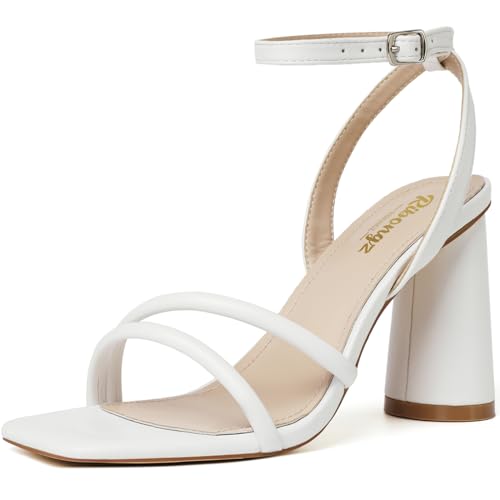 Image of RIBONGZ Block Heels Prom Heeled Sandals for Women Chunky Square Open Toe Strappy High Heels Ankle Strap Wedding Bridal Shoes High Heel Sandals for Party Dress