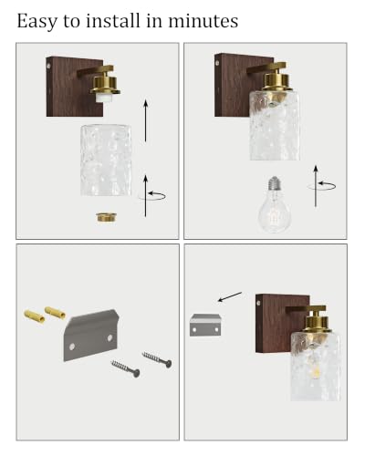 Image of Hammered Glass Battery Operated Wall Sconces Set of Two Gold & Walnut | Dimmable Rechargeable Wall Lights with Remote Timer, Easy Install Lamp for Living Room Bedroom, Emergency 3000K