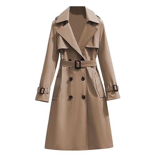 Image of Maiyifu-GJ Mid-Long Trench Coat for Women Lapel Double Breasted Overcoats Windproof Outerwear (Khaki-2,X-Large)