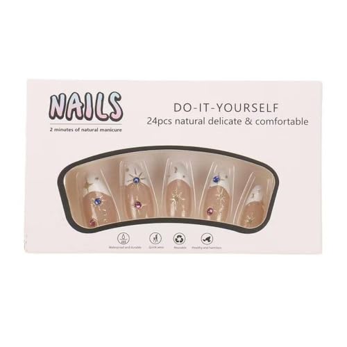 Image of White French Tip Press On Nails - Star Design Medium Almond False Nails with Rhinestone Glossy Artificial Acrylic Full Cover Nude Stick On Nails for Women & Girls Manicure