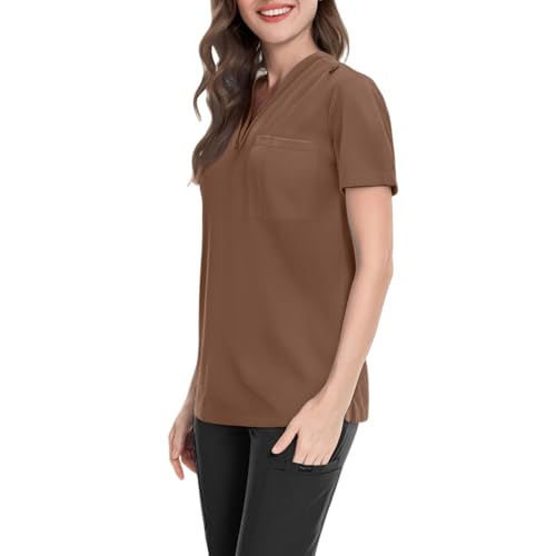Image of FONMA Scrub Tops Women Plus Size Stretchy V-Neck Scrub Shirts with 4 Pockets Breathable Short Sleeve Nurse Uniforms
