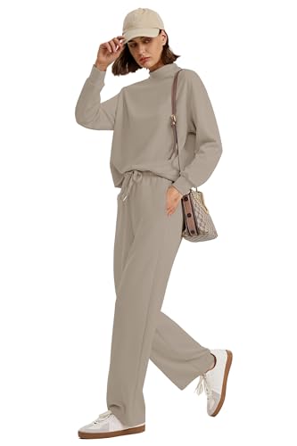 Image of WIHOLL Two Piece Sets for Women Fall Outfits Lounge Sets Mock Neck Tops Wide Leg Pants Vacation Travel Airport Outfits