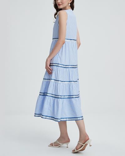 Women's Sleeveless Striped Tiered Maxi Dress Casual V Neck A Line Long Flowy Beach Dress2