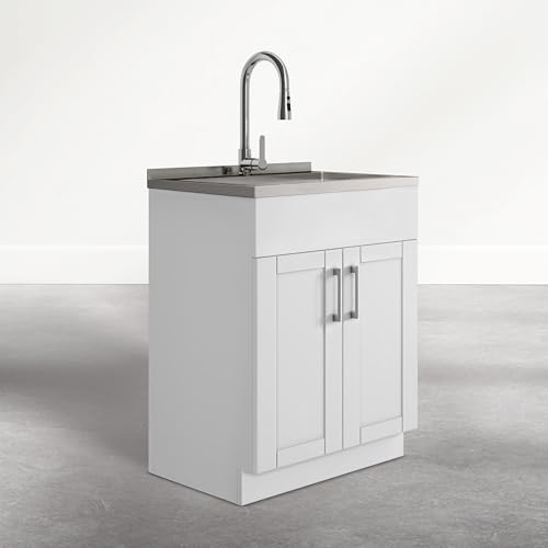 Image of SIMPLIHOME Modern Wide Shaker All-in-One 28 inch Wide Utility Sink and Laundry Cabinet in Glacier White Finish, Transitional Stainless Steel Sink Cabinet for Laundry Rooms with High-Arch Chrome Faucet