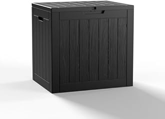 ROJIK Outdoor Storage Housing Deck Box - Waterproof Patio Furniture, Garden Tools, Cushions, Pool Accessories Storage Bench with Lockable Lid and Side Handles (Black, 30 Gal)
