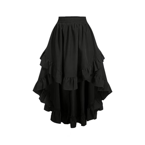 COSDREAMER Damen Elastische Taille Asymmetrische Rüschen High-Low Midi Rock Unregelmäßige Layered Volant Casual Party Röcke, Schwarz , S
