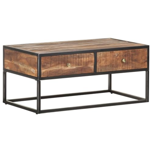 Table basse en bois d'acacia avec tiroirs de rangement et piètement stable en fer
