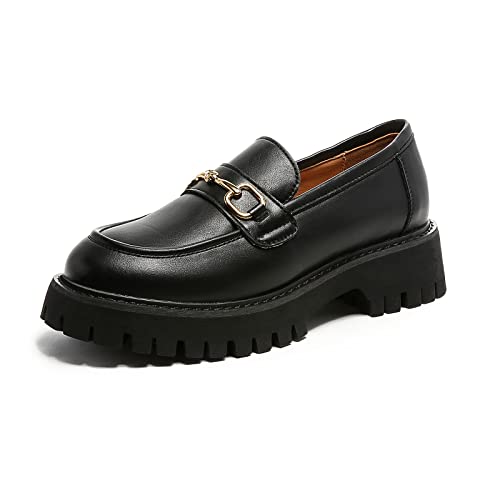 Image of Platform Loafers for Women Chunky Heel Lug Sole Loafers Slip ons Round Toe