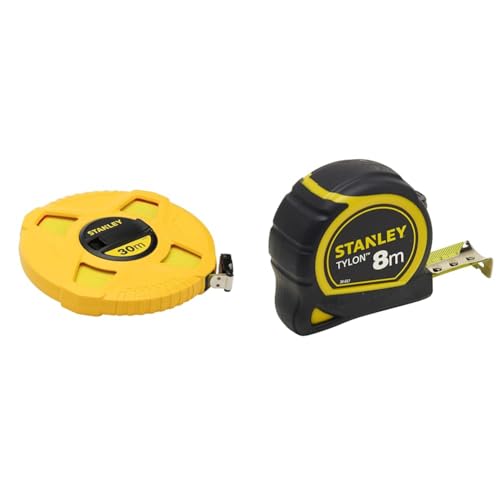 Stanley 0-34-297 Mètre À Ruban Fibre De Verre 30 M Jaune Fluo - Revêtement Pvc - Anti-Corrosion & Mètre 8 M X 25 mm Bi Matière Tylon - Boitier Ergonomique - Ruban en Acier Laqué