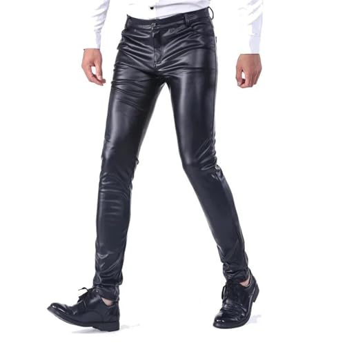 Men's Fleece Lined Leather Pants Warm Skinny Fit Elastic Pu Leather Trousers Wet Look Motorcycle Winter Pants2