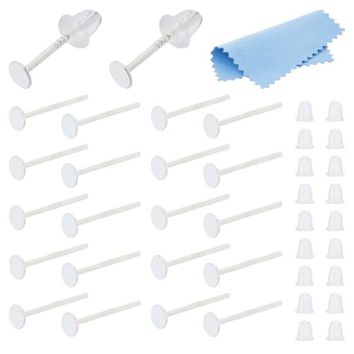 DICOSMETIC 15 Pairs 925 Sterling Silver Earrings Posts Flat Pad Earring Studs with 50Pcs Ear Nuts and 1Pc Polishing Cloth for Jewelry Making