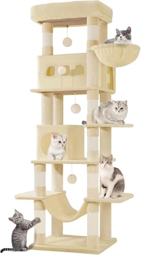Hzuaneri 170 cm Grand Arbre à Chat, Tour à Chat pour Chats d'intérieur, avec Grand Perchoir, Tapis Lavable, 2 Niches Chats, 8 Griffoirs, Hamac, Pompons,...