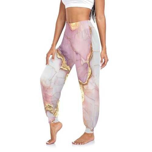 GuoChe Pantalones de yoga para mujer, de alta elasticidad, cintura elástica, para el hogar, entrenamiento, viajes, Mármol blanco pastel, Large