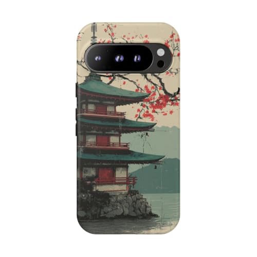 Coque Pixel 9 Pro pagode et fleurs de cerisier rigide mate