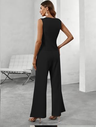Women's 2 Piece Pant Suit Set-Summer Business Casual Outfit with Vest Wide Leg Pants, Dressy Blazer Trousers for Office4