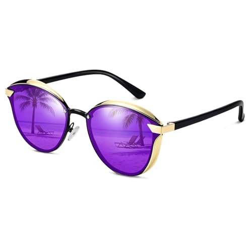 LYMOJOR Polarized Cat Eye Sunglasses for Women Retro Vintage Fashion Sunglasses with UV400 Protection Trendy Metal Frame Shades for Driving Travel Beach Gold Frame/Purple Lens