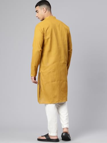 Image of Majestic Man Men's Cotton Regular Fit Casual Mandarin Collar Ethnic Motifs Solid Long Kurta