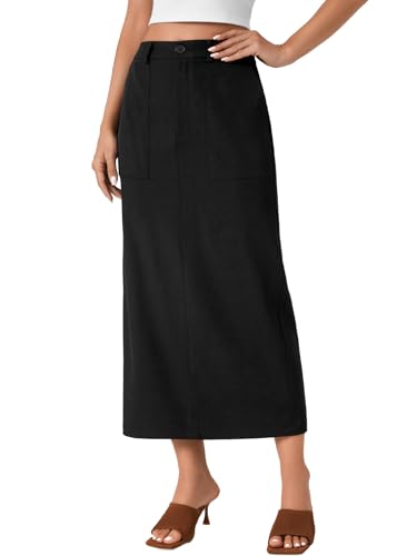 Rooscier Women's Split Back Elastic High Waist Pencil Cargo Midi Long Skirt with Pockets3