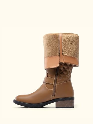 DREAM PAIRS Women's Knee-High Boots Comfortable Chunky Block Heel Round Toe Side Zipper Riding Fashion Buckles Biker Motorcycle Boots,Size 7.5,Camel,UTAH