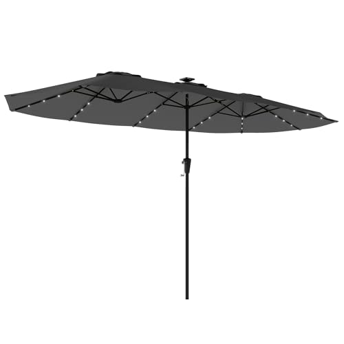 LUZ LED SOLAR INTEGRADA: Parasol de terraza exterior con 36 luces LED integradas en las varillas, alimentadas por energía solar. Iluminación suave para prolongar las veladas al aire libre sin cables ni consumo eléctrico