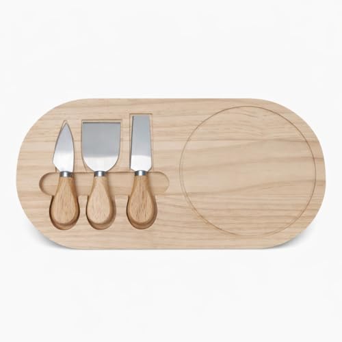 SET COMPLETO PRONTO ALL'USO: Tagliere in legno 36x18 cm con 3 coltellini inclusi per servire e tagliare formaggi, salumi, pane e aperitivi senza acquistare accessori extra