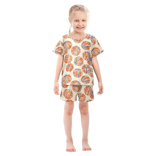 ALAZA Basketball Orange Pajamas Set Short Sleeve Cotton Sleepwear Summer Pjs 2 Piece 5-14Y3