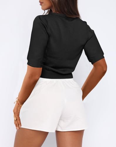 Ezbelle Summer Women's V Neck Cardigan Sweater Knit Sexy Short Sleeve Tops Crop Button Down Shirt 20263