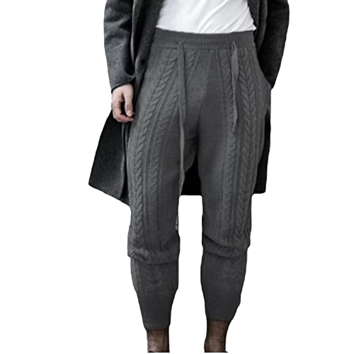 Mens Solid Chunky Cable Knit Warm Pants Drawstring Slim Fit Rib Trousers Elastic Mid Rise Cinch Bottom Jersey Pants4