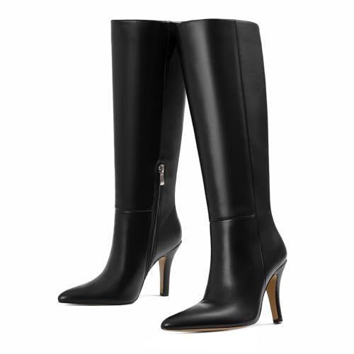 femflame Black Knee High Boots For Women Pointed Toe Stiletto Heel Dress Tall shoes Black Kitten Heel Wide Calf Boots Winter Boot For Women With Zipper2