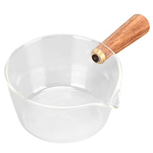 Olla de leche de vidrio, cacerola antiadherente Calentador de mantequilla Olla de salsa Olla de pasta resistente al calor Olla de leche con mango de madera para fideos Leche Comida para bebés(400ml)