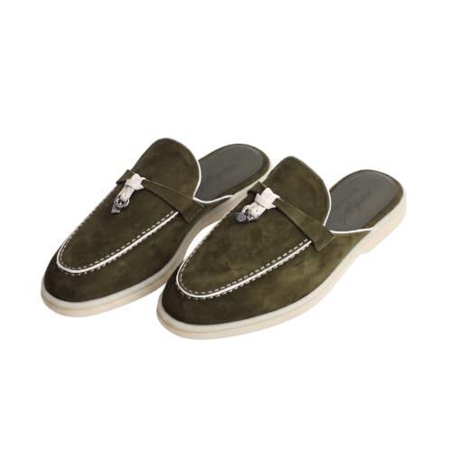 Image of XOBZJH Designer Women's Mules Flat Heel - Suede Leather Flats with Tassel Detail, Comfortable Slip-On Backless Loafers,Casual & Work Shoes