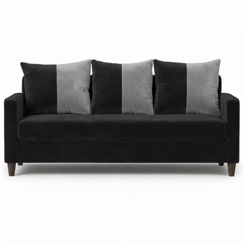 Image of FURNY Rion 5 Seater Fabric 3+1+1 Sofa Set (Black-Light Grey) Premium Velvet Finish | Durable & Comfortable | Ideal for Living Rooms