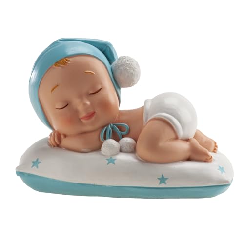 dekora – Figura de decoración Bautizo Niño dormido 10 cm, Adornos para Tartas de Bautizo y Baby Shower, Cake topper Decorativo bonito y resistente