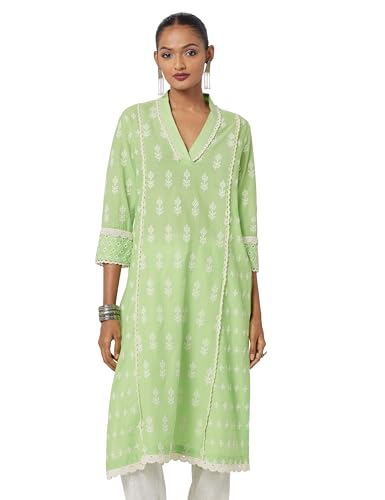 Image of BIBA Women Cotton Regular Fit Straight Embroidered Kurta