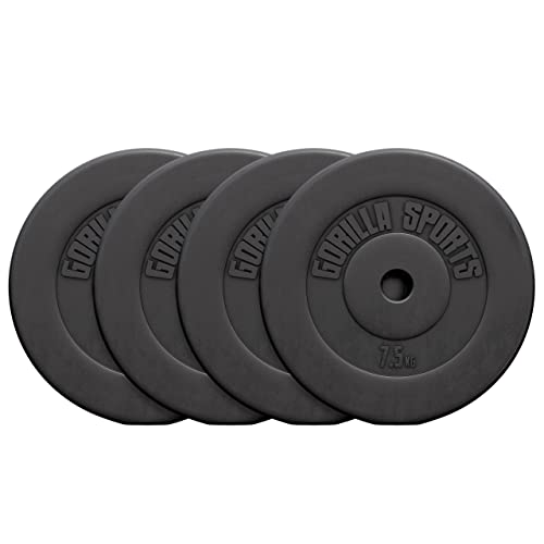 GORILLA SPORTS® Disques de Poids - Individuel ou Ensemble, 1,25kg, 2,5kg, 5kg, 7,5kg, 10kg, 15kg, 27,5kg, 30kg, Ø 30mm, Plastique, Noir - Disques d'Haltères, pour Musculation, Fitness, Domicile, Gym